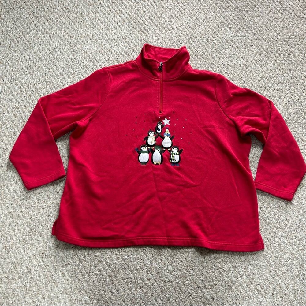 Breckenridge Red Christmas Sweater Womens 2X Penguins 1/4 Zip Pullover Cotton